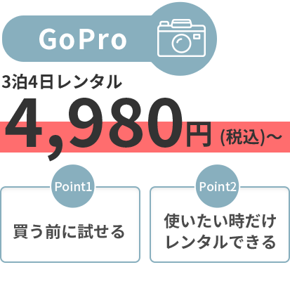[GoPro]3泊4日レンタル4,980円（税込）～「Point1 買う前に試せる」「Point2 使いたい時だけレンタルできる」