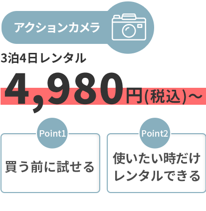[アクションカメラ]3泊4日レンタル4,980円（税込）～「Point1 買う前に試せる」「Point2 使いたい時だけレンタルできる」