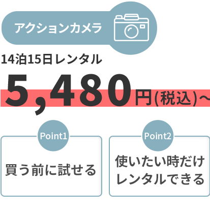 [アクションカメラ]14泊15日レンタル5,480円（税込）～「Point1 買う前に試せる」「Point2 使いたい時だけレンタルできる」
