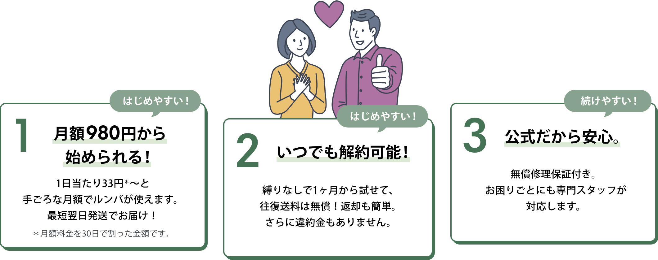 1. 月額980円から始められる!1日当たり33円*~と手ごろな月額でルンバが使えます。最短翌日発送でお届け! *月額料金を30日で割った金額です。2. いつでも解約可能!縛りなしで1ヶ月から試せて、往復送料は無償!返却も簡単。さらに違約金もありません。3. 公式だから安心。無償修理保証付き。お困りごとにも専門スタッフが対応します。